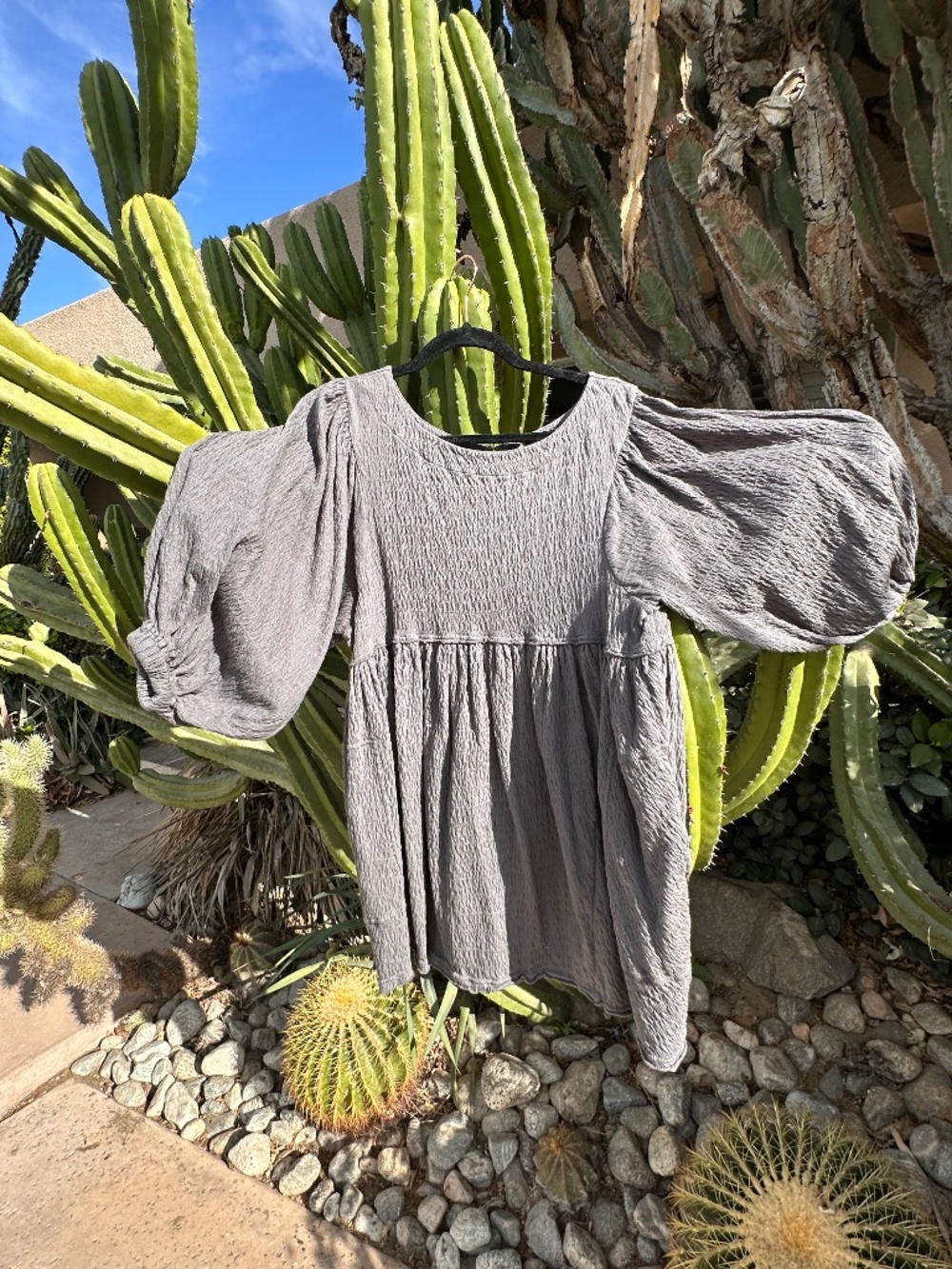FP Beach Free People Smocked Textured Puff Sleeve Babydoll Mini Dress Charcoal X